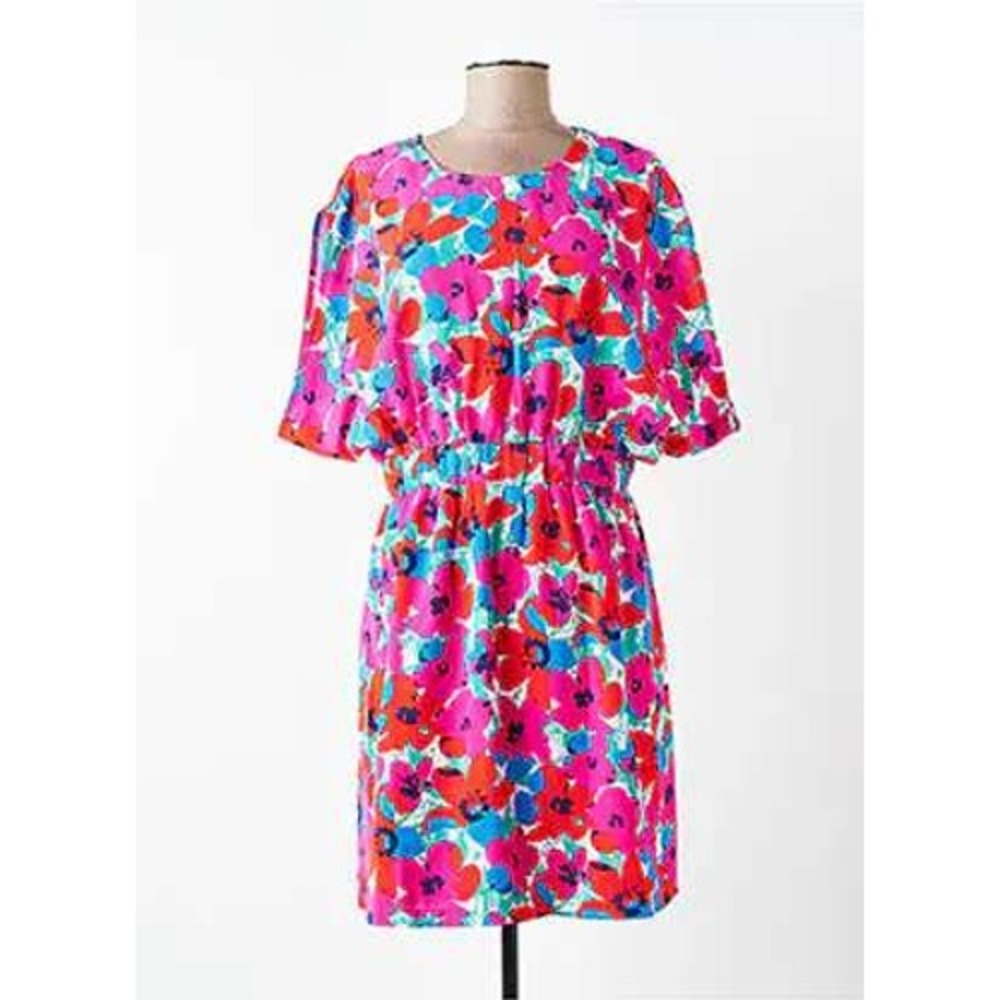 Lili Sidonio Floral Mini Dress Multi Color Elastic Waist Flutter Sleeve L
